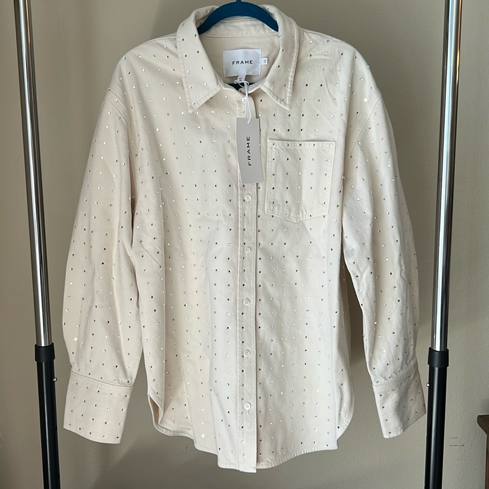 Frame Oversized Denim Rhinestone Shirt NWT
